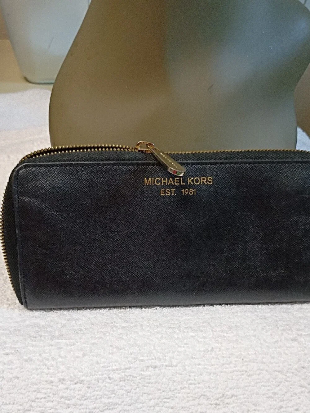 Michael Kors Black Zip-Around Saffiano Wallet with Gold Logo